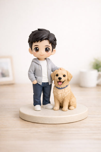 Custom human and pet figurine from photos on a light stone base