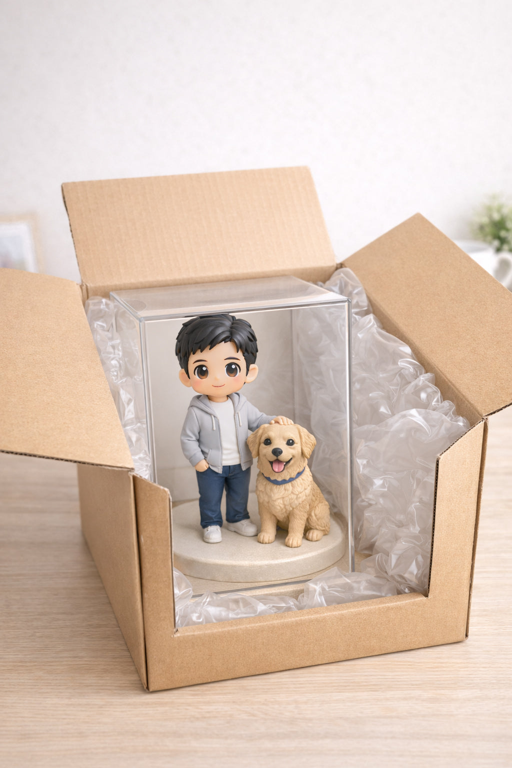 Custom human and pet figurine from photos shown in premium gift packaging