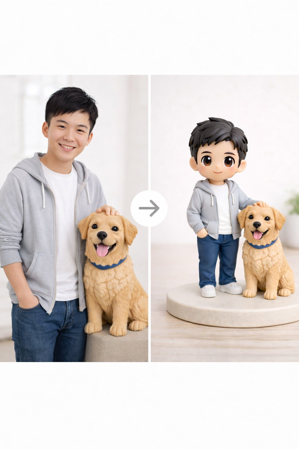 Example photo-to-figurine comparison for a custom human and pet figurine from photos