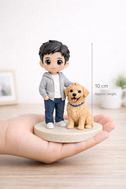Custom human and pet figurine from photos shown with size reference