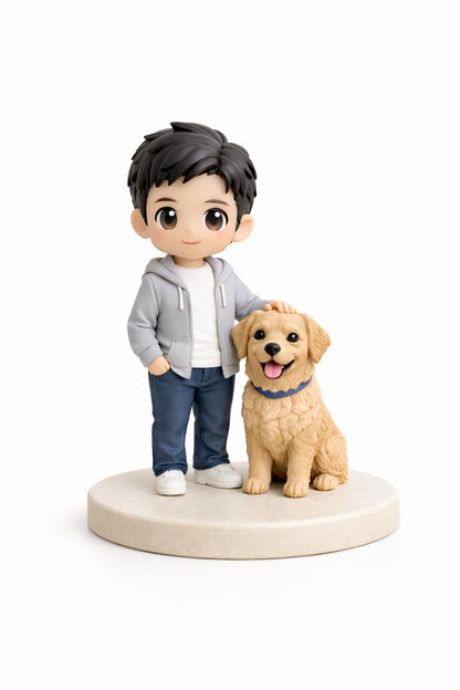 Custom human and pet figurine from photos on a clean white background