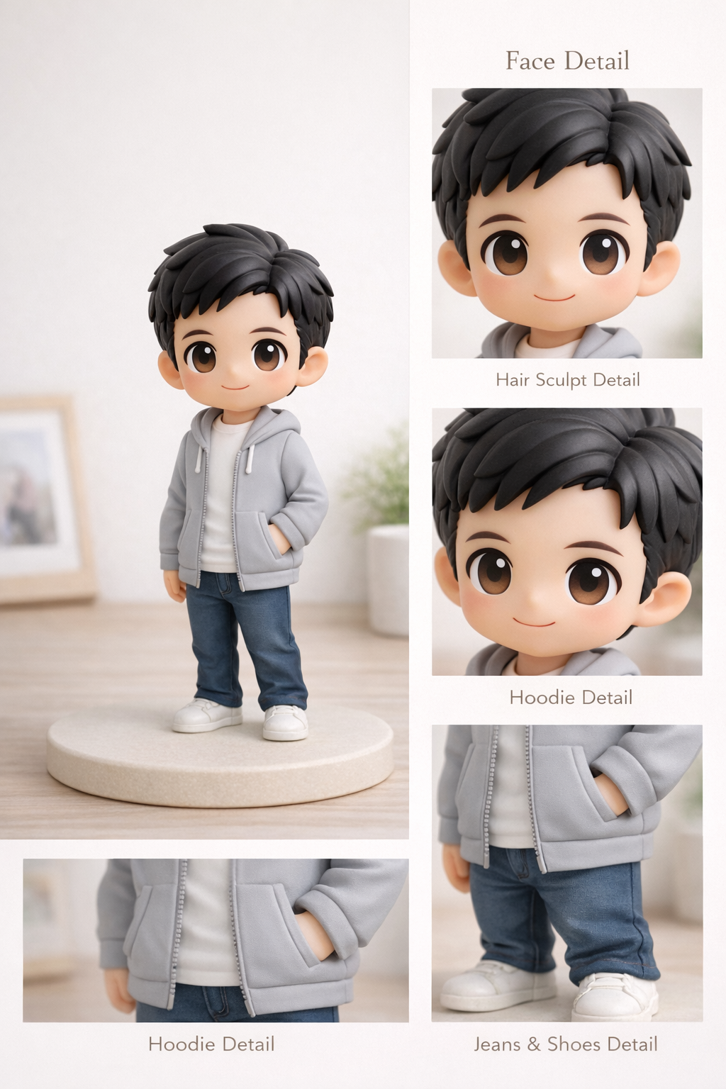 Close-up detail of a custom single figurine from photos showing face, hair, and outfit