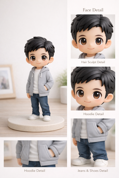 Close-up detail of a custom single figurine from photos showing face, hair, and outfit