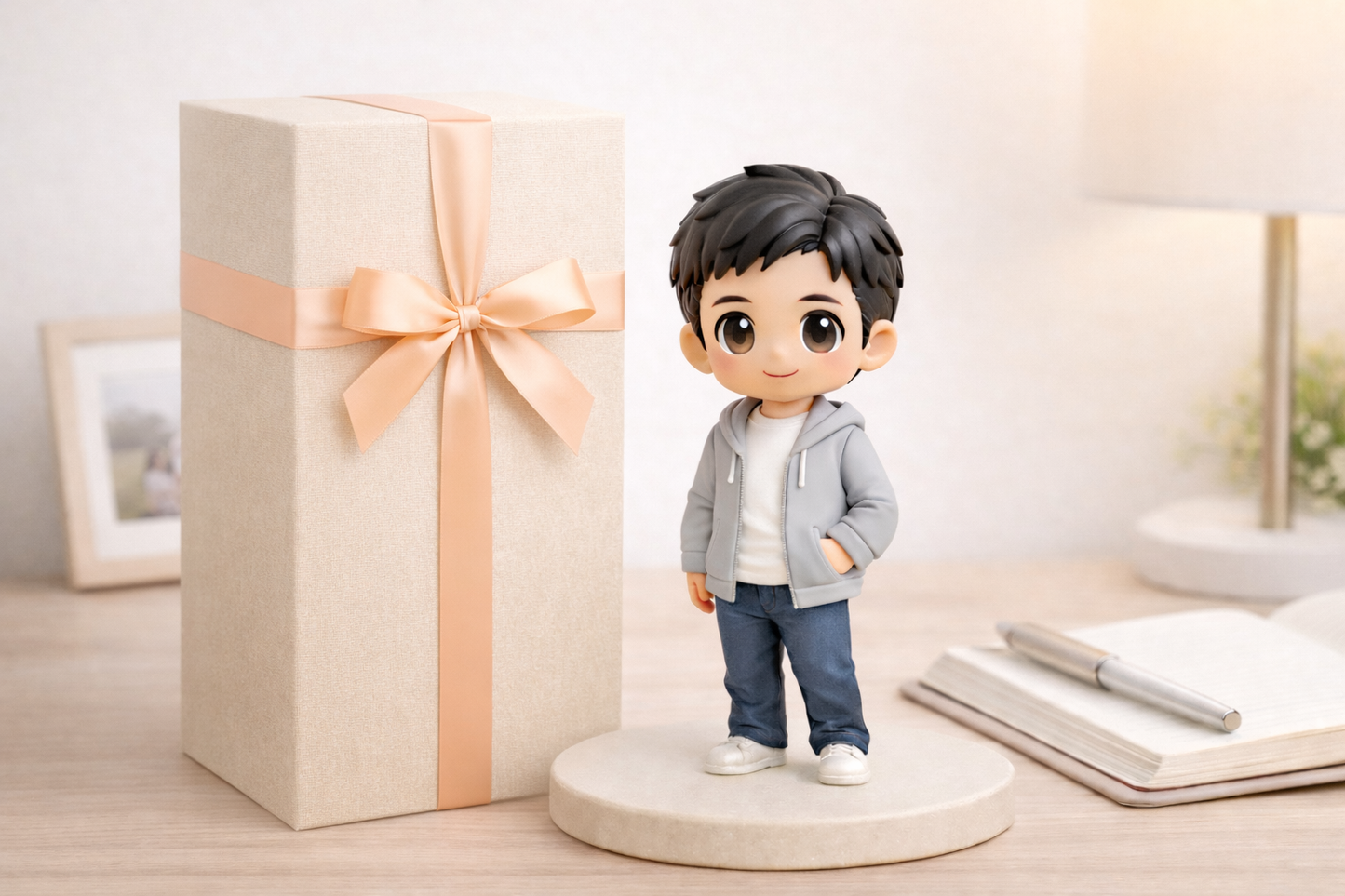 Custom single figurine from photos displayed as a keepsake on a desk
