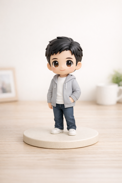 Custom single figurine from photos in a casual outfit on a light stone base