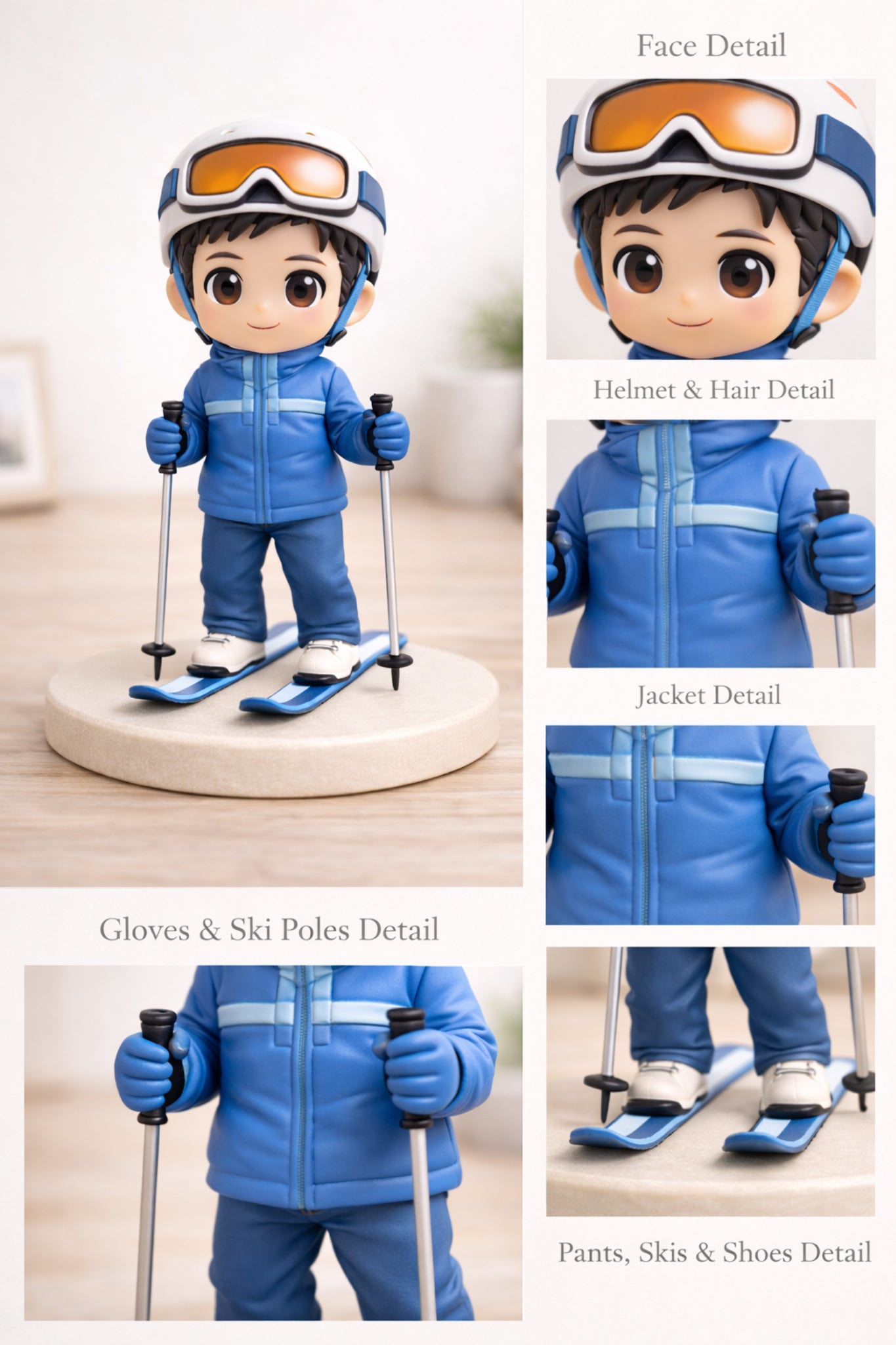 Close-up detail of a custom ski figurine from photos showing helmet, goggles, and ski gear