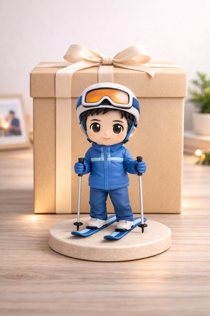 Custom ski figurine from photos displayed as a sports keepsake