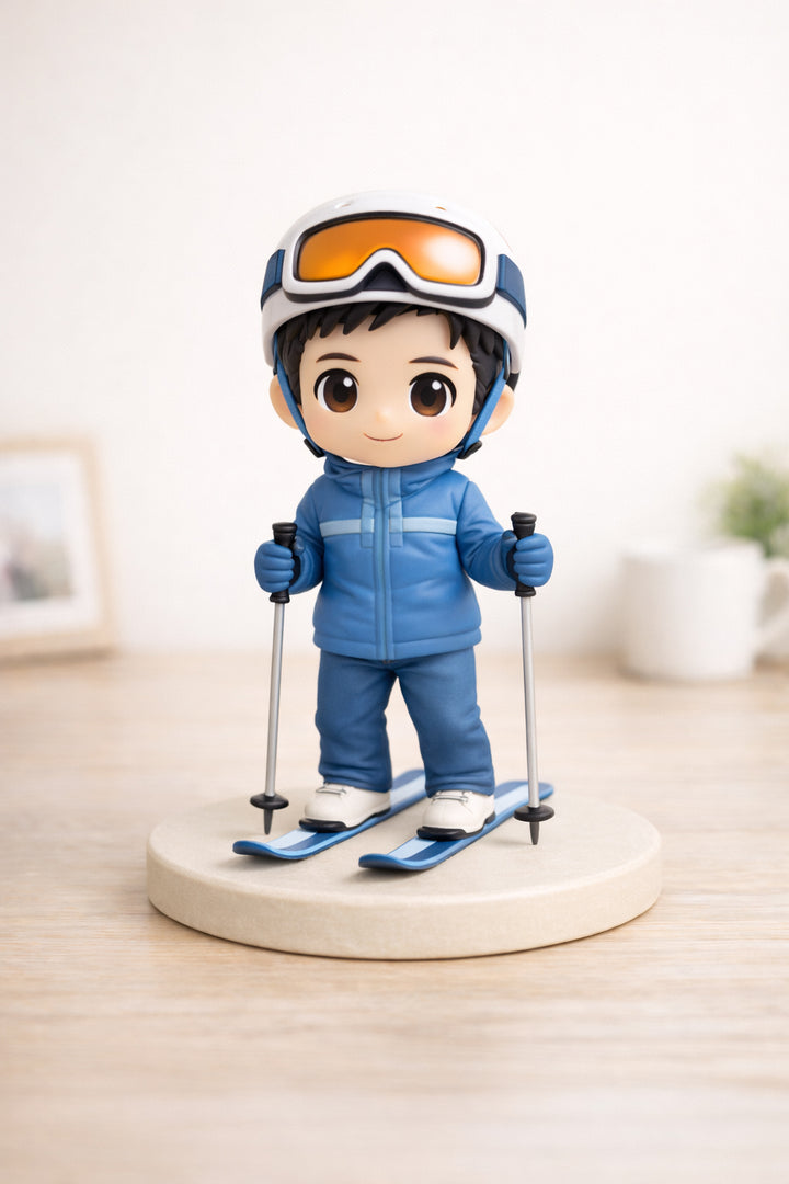 Custom ski figurine from photos with helmet, goggles, skis, and poles