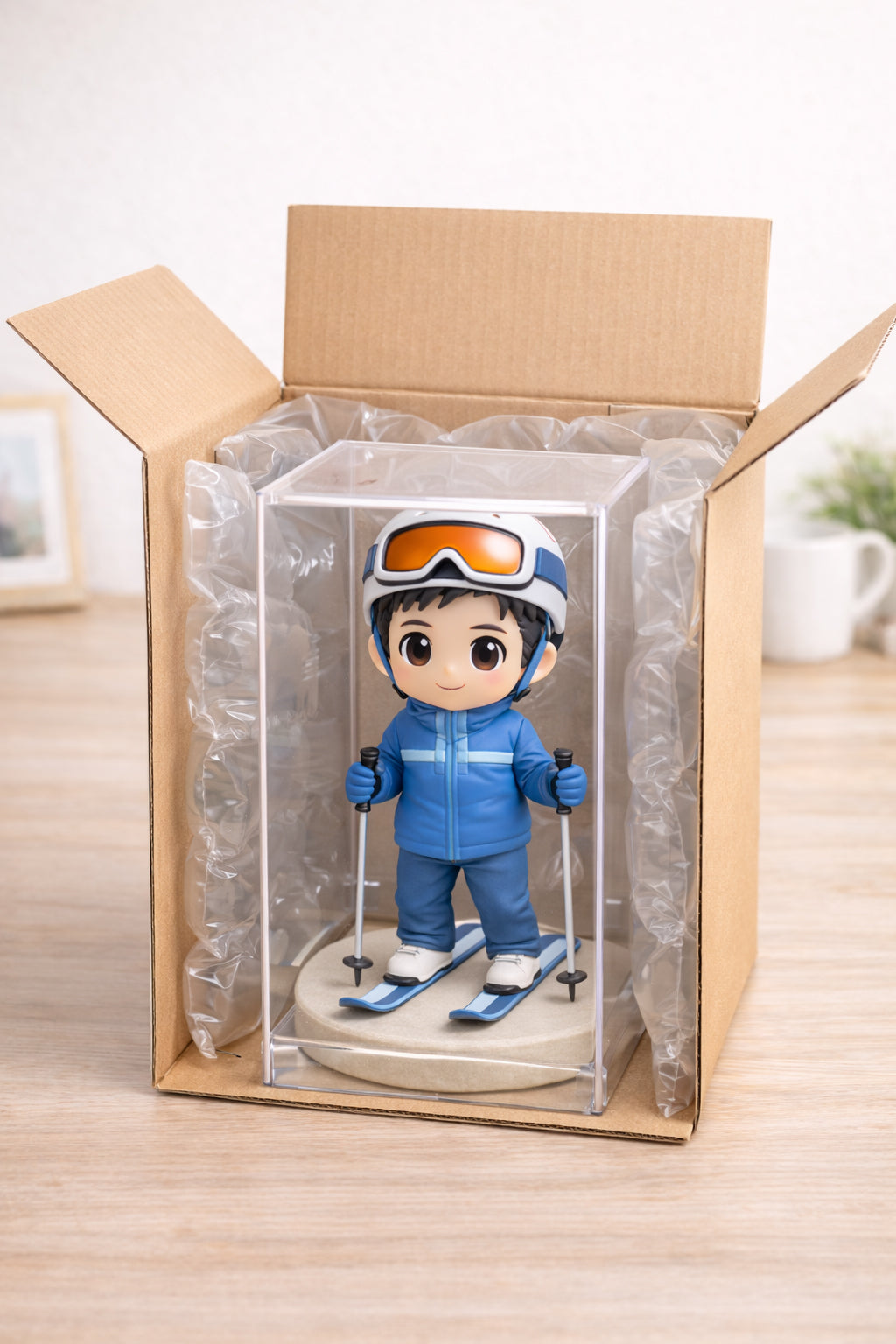 Custom ski figurine from photos shown in premium gift packaging