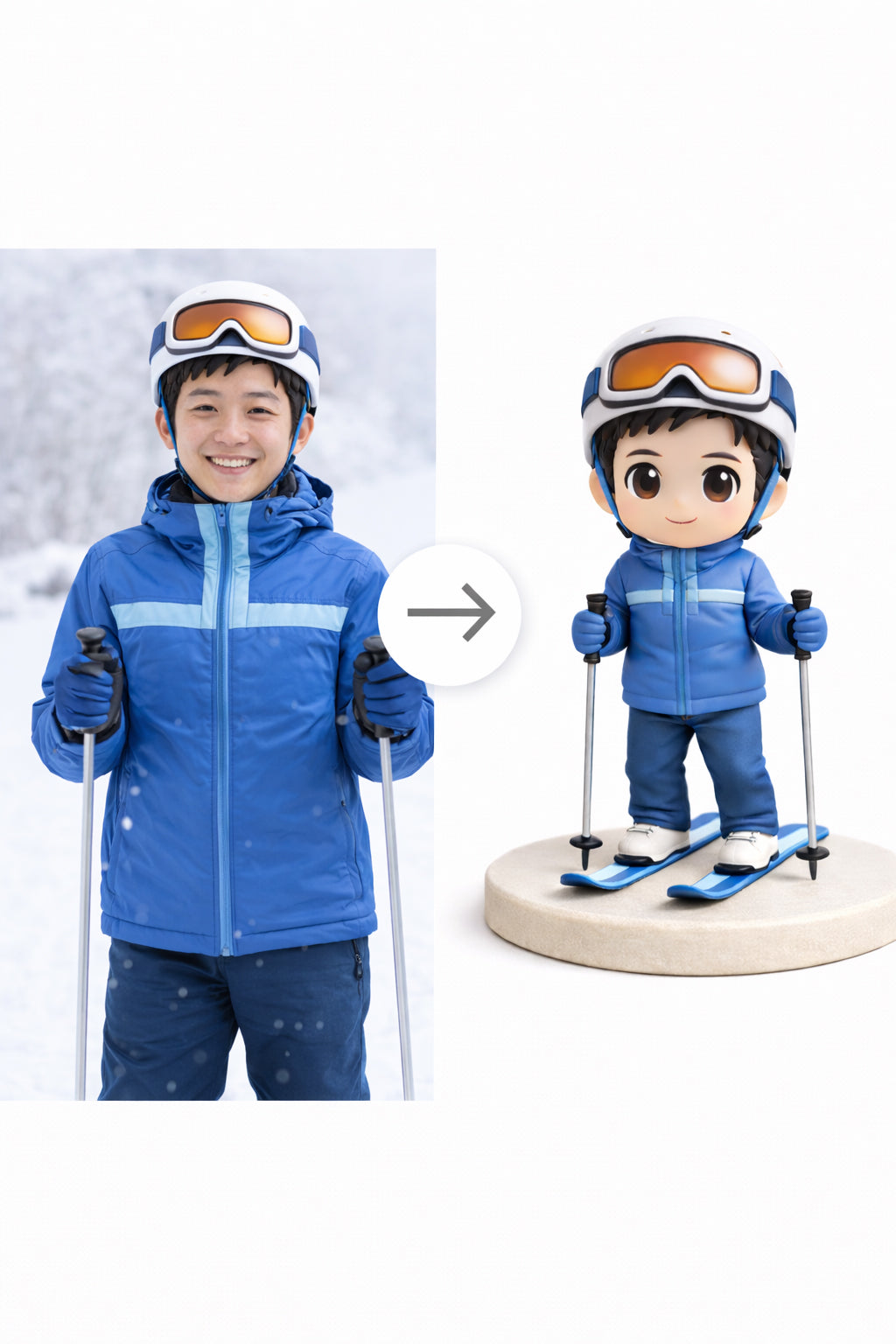 Example photo-to-figurine comparison for a custom ski figurine from photos