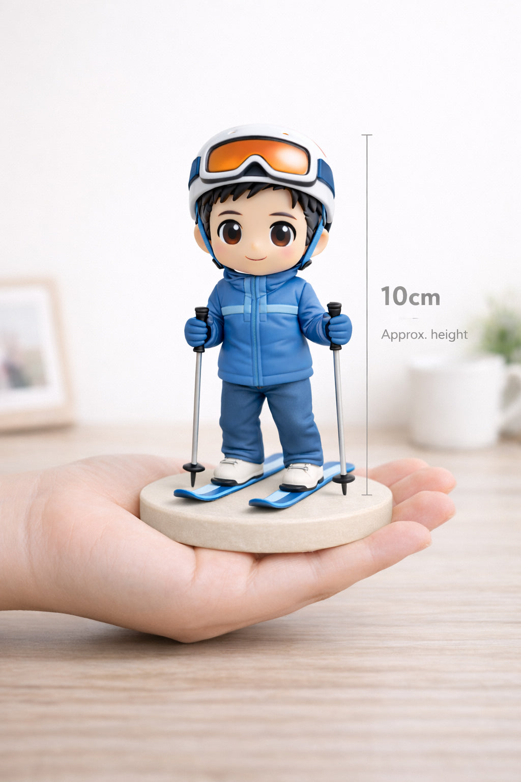 Custom ski figurine from photos shown with size reference
