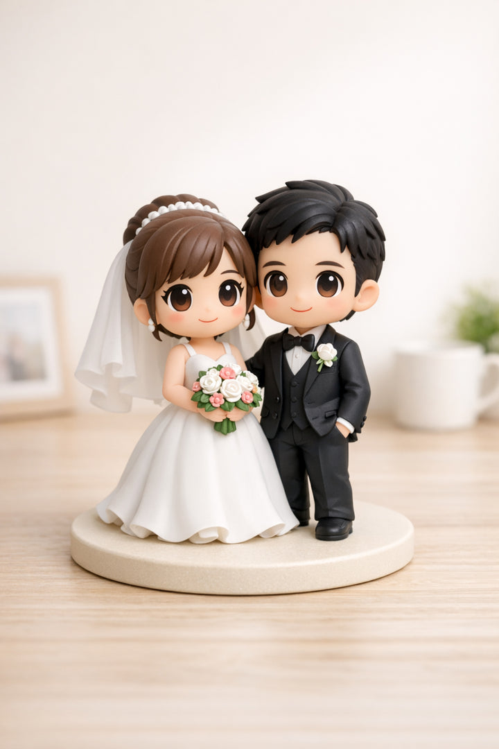 Custom wedding couple figurine from photos with bride and groom on a light stone base