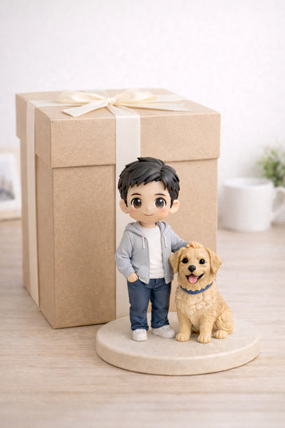Custom human and pet figurine from photos displayed as a pet keepsake